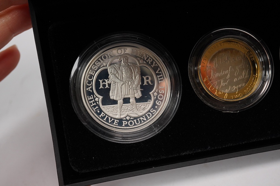 British coins, QEII Royal Mint, 2009 UK silver proof piedfort four coin collection, including the scarce Kew Gardens 50p, in case of issue with certificate